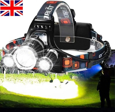 Wasserdichte superhelle Stirnlampe wiederaufladbar 3 LED Zoom Scheinwerfer Kopflampe UK
