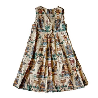 90s Primitive Country Cottage Cats Sleeveless  Handmade Pinafore Dress Girls 7/8