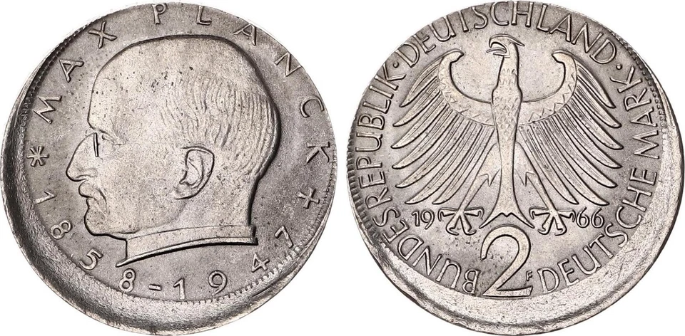 BRD 2 DM 1966 F Max Planck J.392 Fehlprägung :10-15 % dezentriert  137990 - Bild 1 von 1