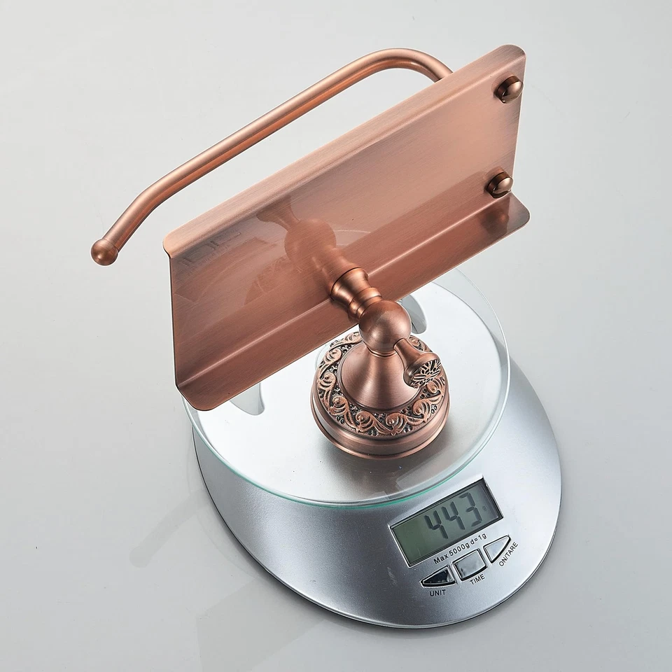 Soporte de papel higiénico de baño de cobre rojo con estante para teléfono, baño montado en la pared Foto 3 de 4