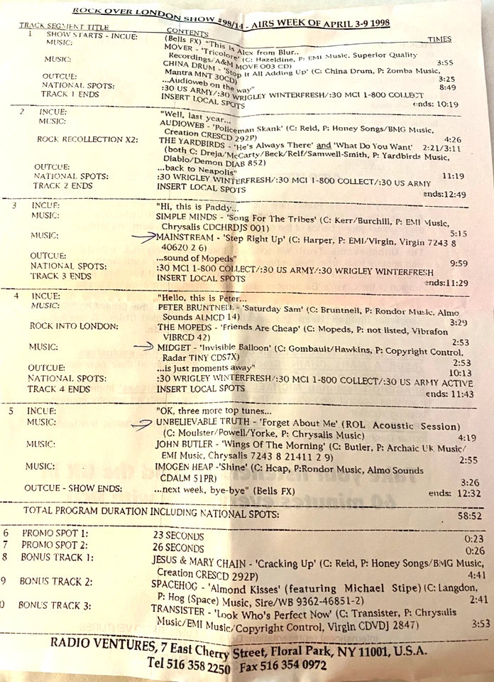 4/3/98 ROCK OVER LONDON EXCLUSIVE IN STUDIO ACOUSTIC SESSION UNBELIEVABLE TRUTH - Image 2 of 2