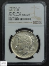 1921 High Relief Peace Silver Dollar $1 NGC MS UNC Details - Obv Damage, Cleaned