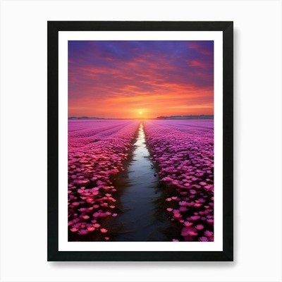 Rosa Blumenfeld bei Sonnenuntergang Kunst Pri gerahmtes Wandbild Poster Leinwanddruck Bild