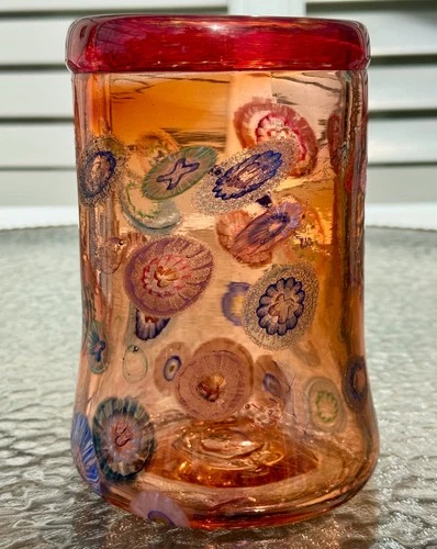 COOL VINTAGE MURANO HAND BLOWN ARTISAN SIGNED GLASS VASE W/ MULTI MILLEFIORI