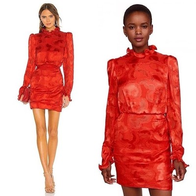 Saloni Rina B Mini Dress Women's Size 2 Silk Blend Jacquard Ruffle Hot Coral