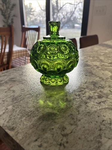 LE Smith Moon And Stars Green Covered Candy Dish Compote Vintage