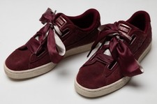 Womens PUMA Suede Leather Heart Quilt Cordovan Red Ribbon Lace Shoes Size US 7.5