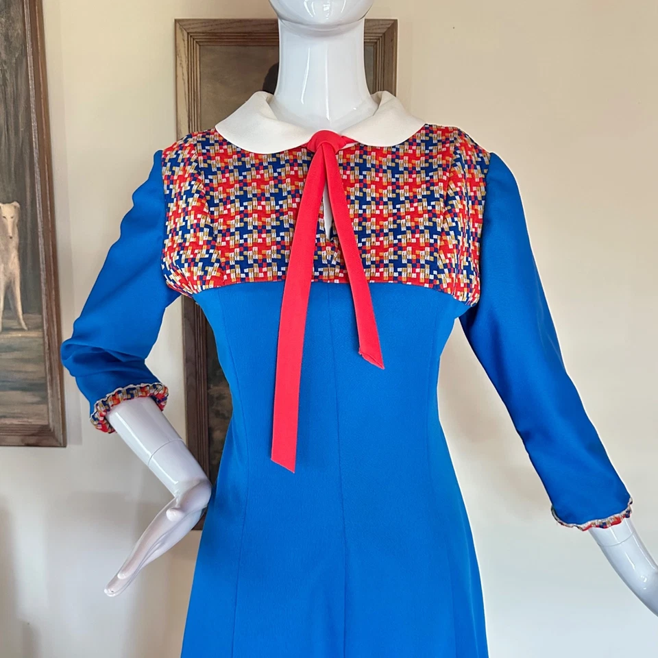 Mod Vintage Años 60/70 Volup Escuela Niña Peter Pan Cuello Corbata Scooter Vestido L Foto 3 de 4