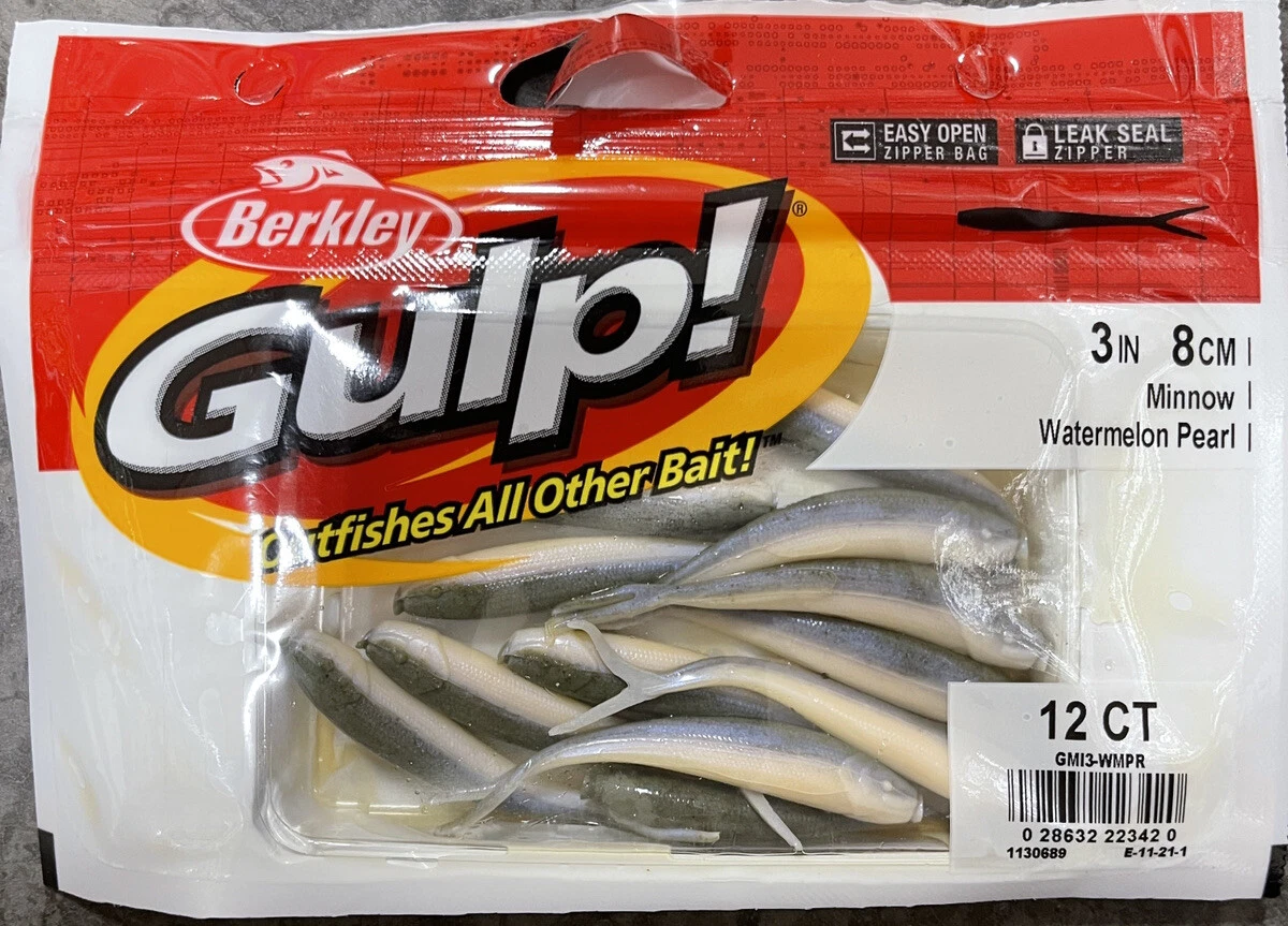 6 Packs of 12 Berkley Gulp Fishing Baits 3 Split Tail Minnow Watermelon  Pearl