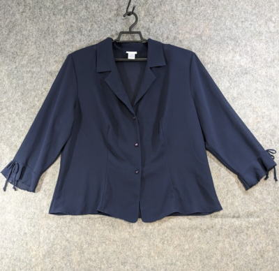 JG Hook Top Womens 20 W Navy Blue Sheer Button-Up Ruffle Cuffs V
