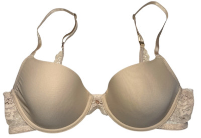 Skarlett Blue Bra Womens 34C Beige Underwire Lightly Lined Lace Sides Demi Charm