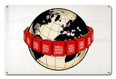 AROUND THE WORLD SHELL GAS CANS 18'' HEAVY DUTY USA MADE METAL ADVERTISING SIGN