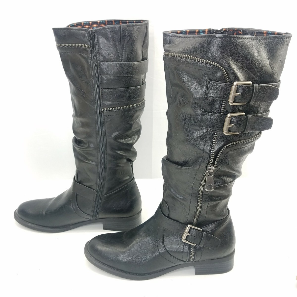 White Mountain Boots Black Faux Leather Zip Up Buckles Shoes Womens Size