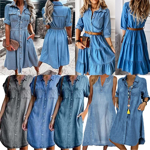 Plus Size Womens Casual Long Sleeve Shirt Dress Ladies Loose Button Denim  Dress