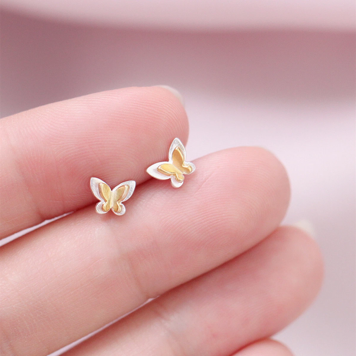 Adorable Tiny Butterfly Silver SP Gold Tone Earrings Stud Women