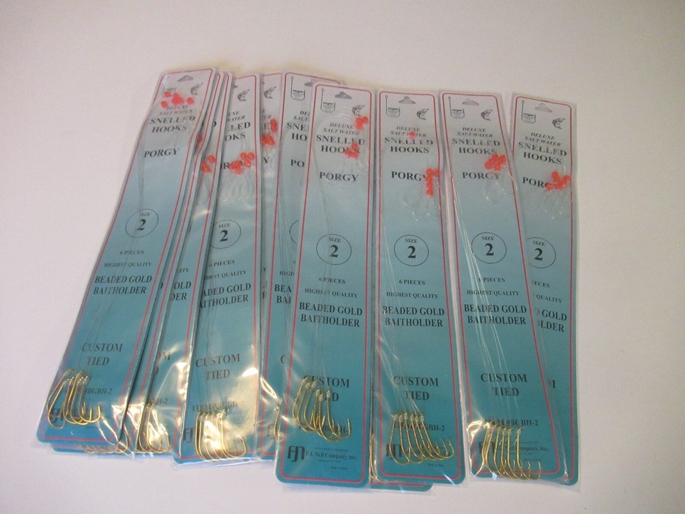 72 Snelled Beaded Gold Bait Holder Hooks - Assorted Sizes For Porgy, Sea Bass, Fresh & Saltwater