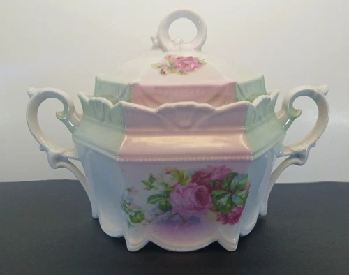Antique Porcelain Hand-Painted 'Antique Rose' Large Hexagon Shaped Sugar Bowl