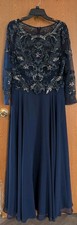 Xscape Elsa Navy Blue Sheer Long Sleeve Sequin Beaded Chiffon Gown Dress Plus 18