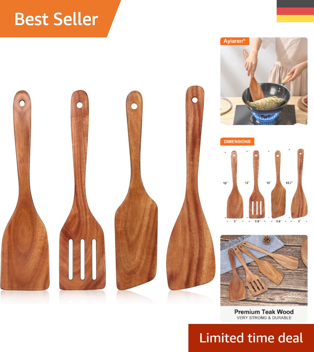 Vielseitiges 4-teiliges Teakholz Utensilien Set - für Backen und Kochen