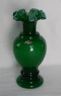 Fenton Ivy Green Vase Crimped Ruffled Ribbon Top ~ Vintage, 9" Tall