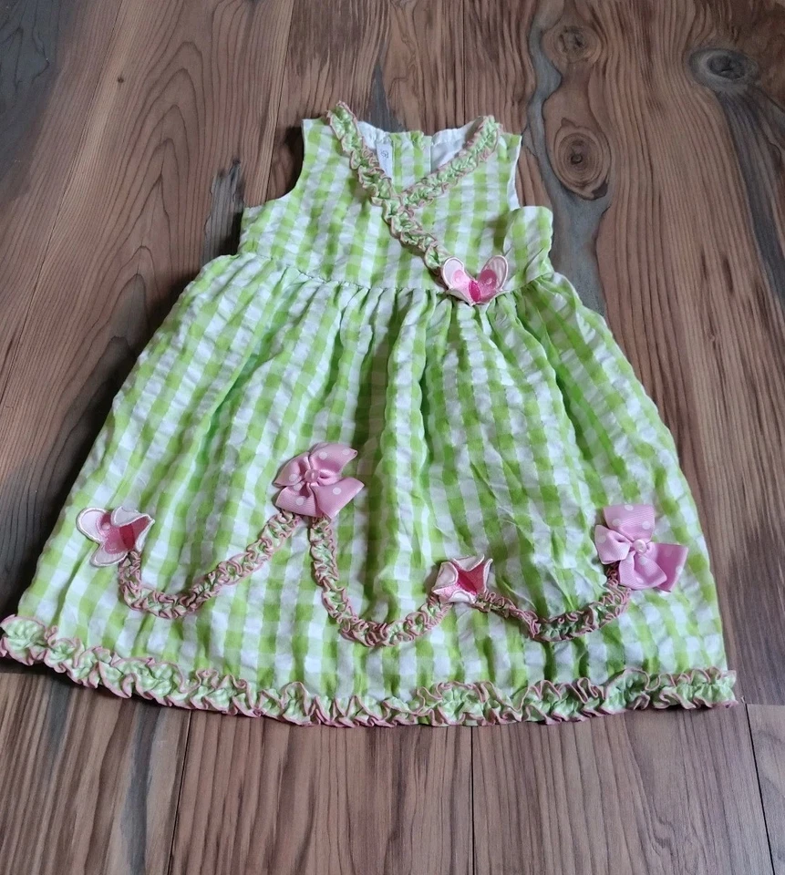 Vestido Bonnie Bebé Niñas Talla 5 Verde Blanco Cuadros Guinga Algodón Lazos Mariposa  Foto 3 de 4