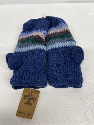 Wool Fleece Lined Fingerless Gloves Hand Knit BLUE Made In Nepal Texting NEW