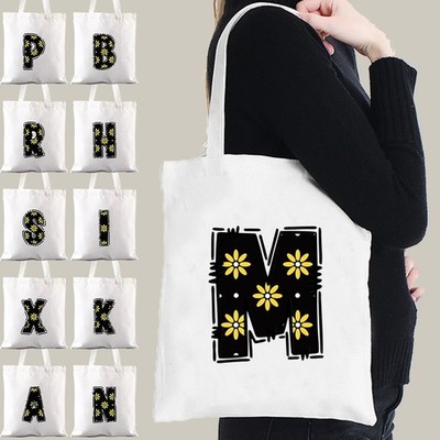 Wiederverwendbare Canvas Beuteltasche Einkaufstasche Handtasche Gänseblümchen Initialen Druck Reise Aufbewahrungstasche