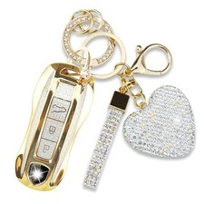 Compatible with Porsche Key Fob Cover with Heart Keychain, Car Key Shell Gold