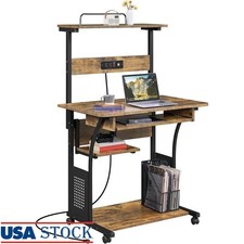Rolling Laptop Stand W/ Built-In Power Outlet USB Ports Ergonomic Mobile Desk