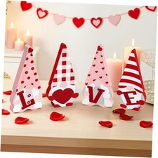 Valentines Day Decorations - 4 Pcs Wooden Gnome Sign, Red and Pink Valentiens