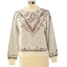 70s Floral Intarsia Sweater Womens L Cream Space Dye Abstract Crew Neck Acrylic