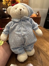 18" Aurora Baby floppy CREAM BEAR BLUE WHITE GINGHAM DOTS plush stuffed w/ hat