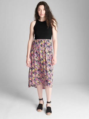 Gap Fit and Flare Midi Dress in Mix-Fabric, Black Print SIZE M #297951  E1022 | eBay