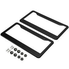 2PCS Black Stainless Steel License Plate Frame Tag Cover Metal With Screw Caps