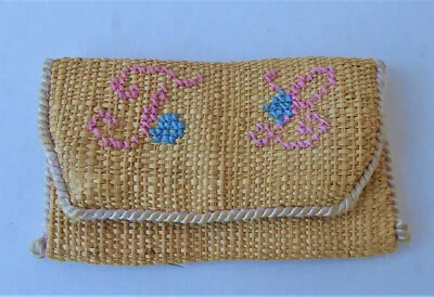 Petite Pochette / porte-monnaie fait main vintage-paille tissée brodée - Photo 1/3