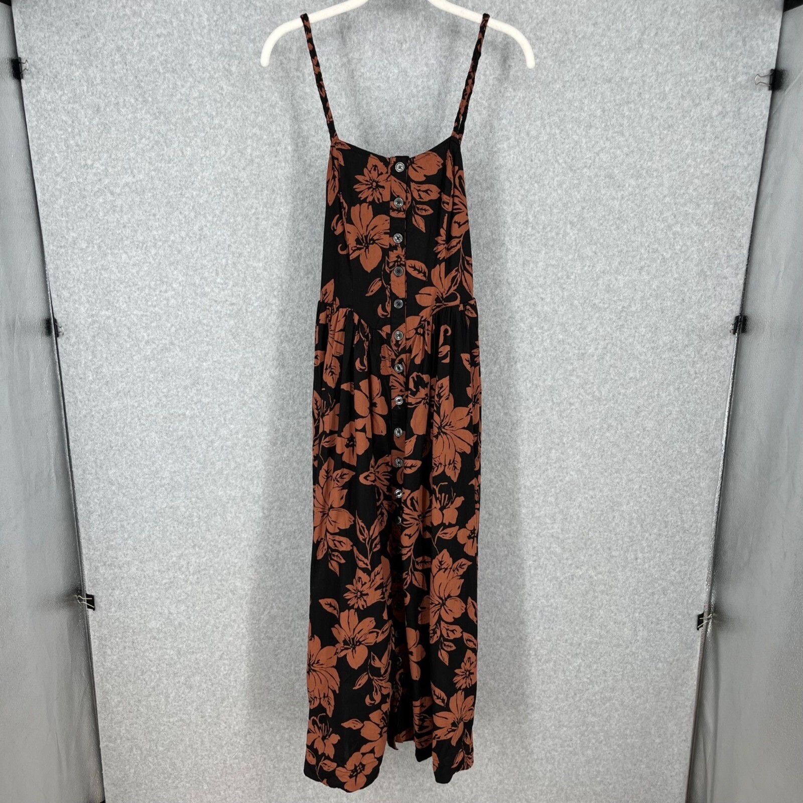 Free People Perfect Sundress Size S Black Dark Floral Linen Button Front Midi-image