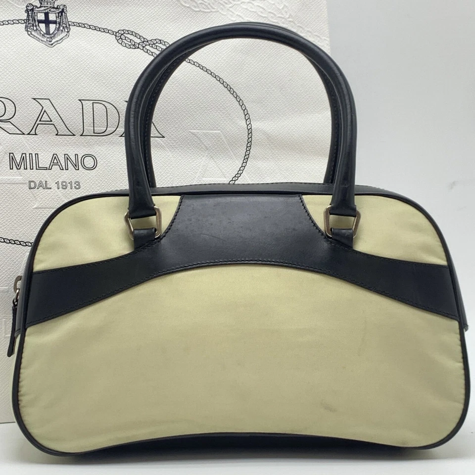 PRADA Tessuto Nylon Tote Hand Bag Mini Bowling Boston Leather Cream Ivory Black - Image 4 of 4