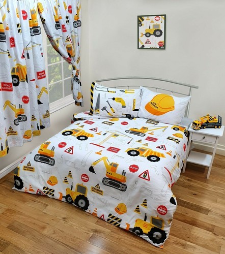 Kids Boys JCB Diggers Construction White Double Bed Duvet Cover Bedding Set  - Afbeelding 1 van 3