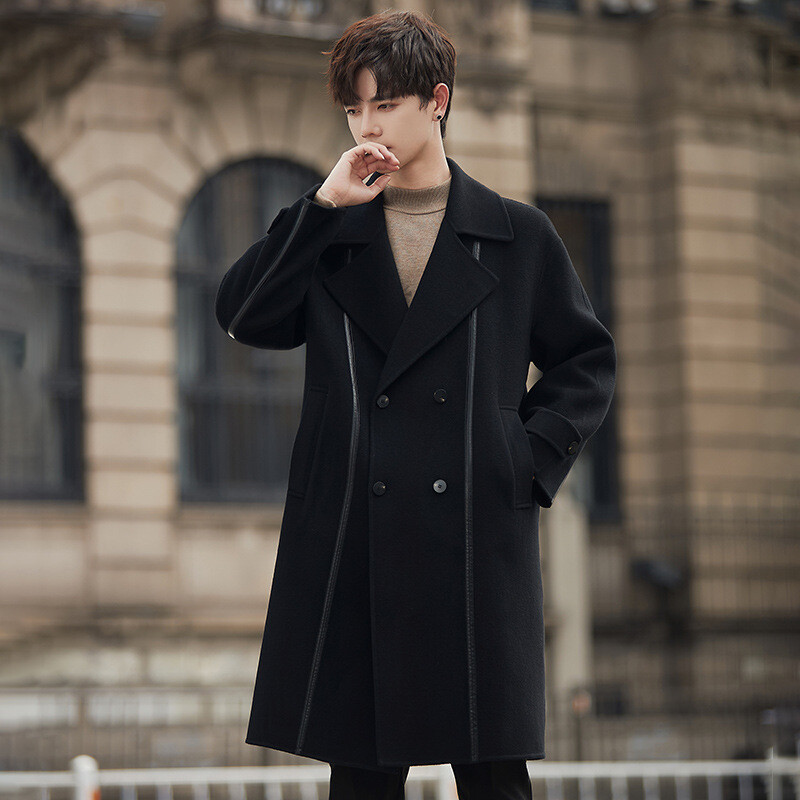 Full Wool Double Breasted Two Sided Parka Mens Mid Long Coats