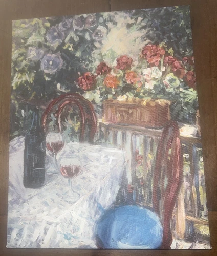 VTG Original ‘02 Signed Delia Bradford Patio Wine Tasting Flowers CA 8”T 10”W