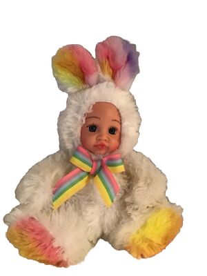 Mega Toys Plush Vinyl Face Bunny Rabbit Doll Rainbow Tie Dye Fur Costume Easter