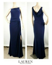 Lauren Ralph Lauren Evening Womens Blue Sleeveless Dress Cowl Back Long Gown 4