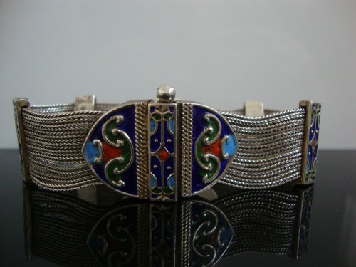 Vtg Old Russian 84 NU 900 Silver Cloisonne Panels 10 Rows Heavy Bracelet - Picture 3 of 9