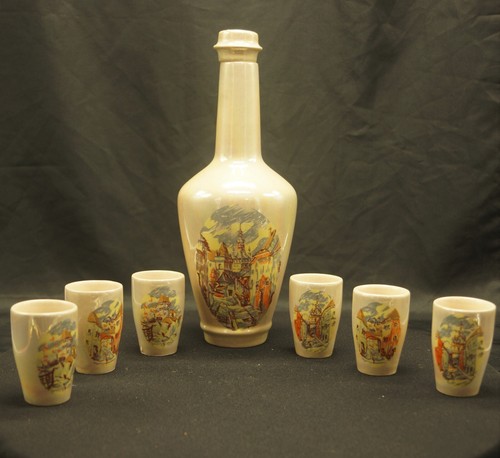 Ceramic Set Of 6 Cup And Bottle With Village Scenes