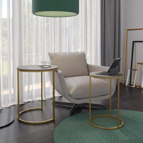2Pc Round Nesting Stackable Sofa Side Bedside End Table Set Wood Top Metal Legs - Picture 56 of 70