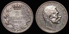 SERBIA 1912 Two 2 Dinara - Petar I KM# 26.1