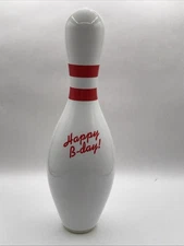 AMF Bowling Pin Happy Birthday Full Size Wood White Red Stripes 15 In Tall Gift