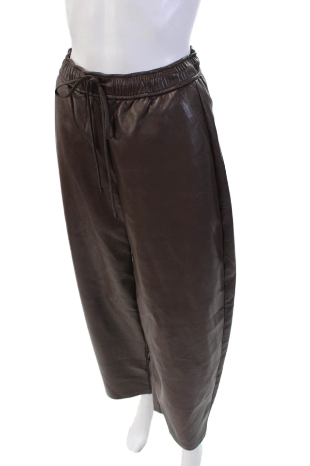 Calça Babaton Feminina Cintura Alta Cordão Perna Larga Couro Sintético Marrom Tamanho XS - Imagem 2 de 4