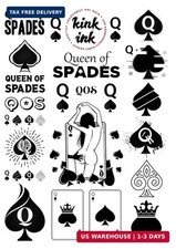 23 Pack Queen of Spades Temporary Tattoos Black Lettering Kinky A4 Sheet