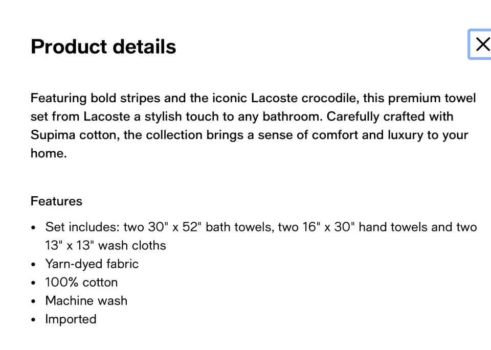 Lacoste Heritage Sport Stripe Logo Cotton 6-Pc. Bath Towel Set, Light Pink NWT - Image 4 of 4